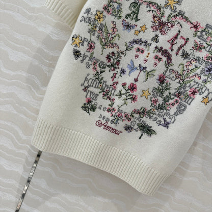 Cross-stitch embroidered cashmere short-sleeved sweater